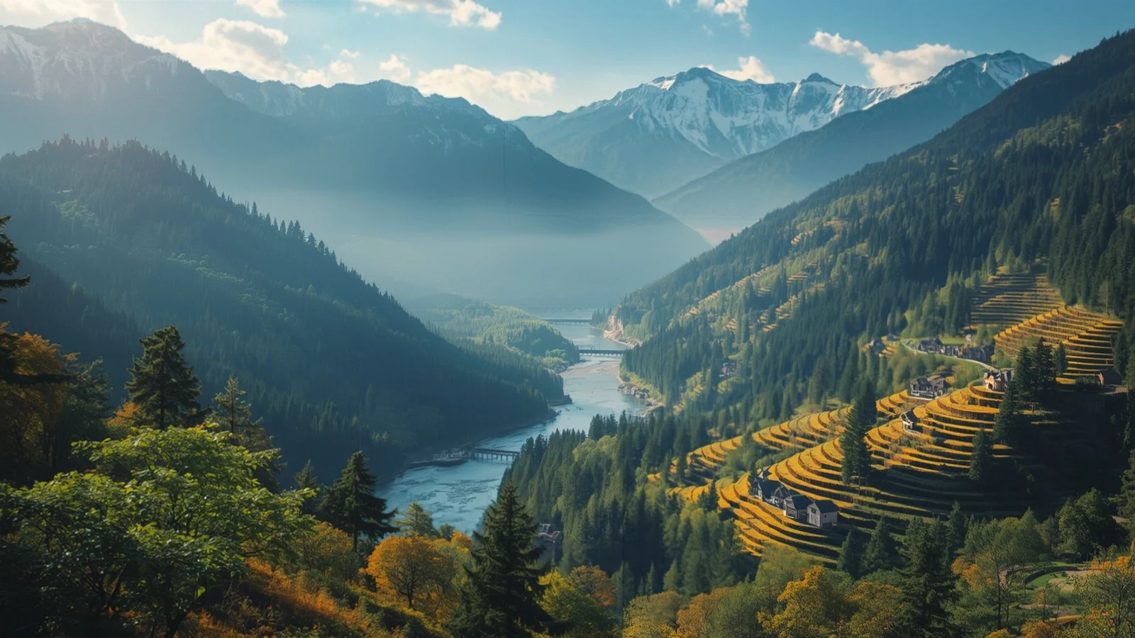 A green valley with pine slopes, terraced fields and a river below snowy peaks, an illustrative AI-generated image