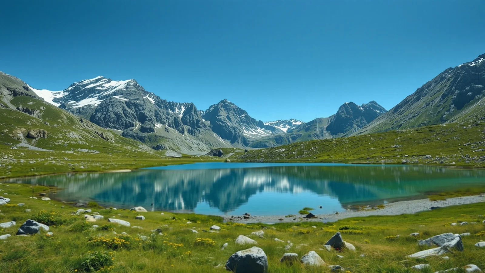 A still turquoise alpine lake in a high meadow beneath rocky snow-dusted peaks, an illustrative AI-generated image