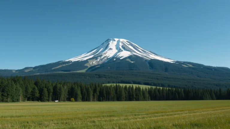 A high meadow with conifer forest below a jagged snow peak, an illustrative AI-generated image